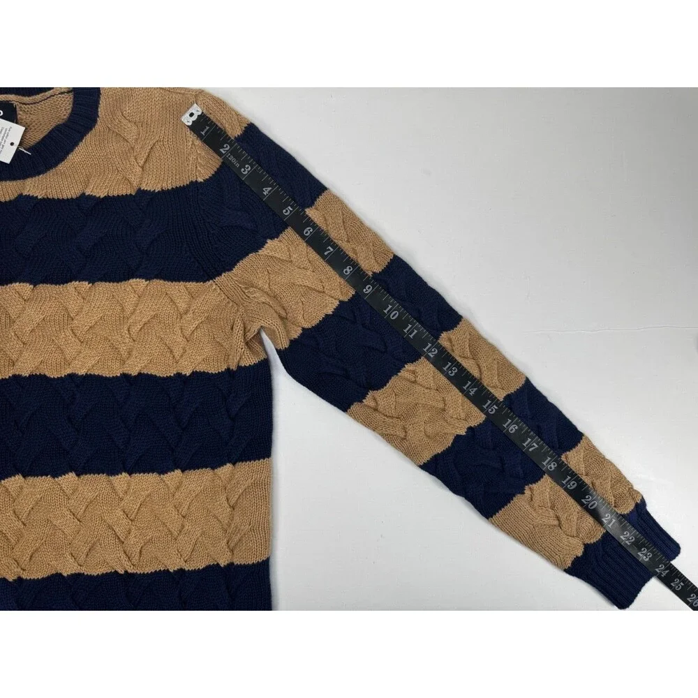 Lands End Women Drifter Sweater Medium Blue Tan Stripe Braided Cable Knit Preppy